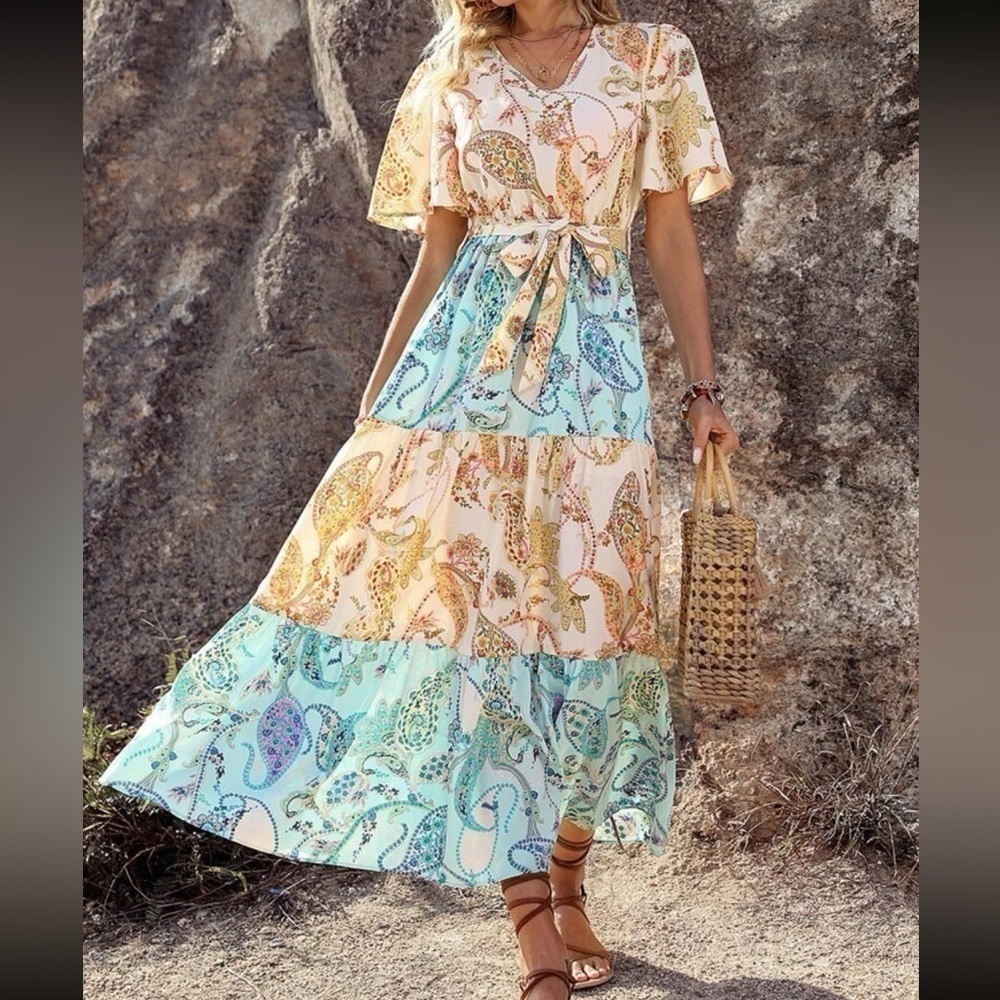 PAISLEY Print Butterfly Sleeve Ruffle Hem Belted Dress size medium